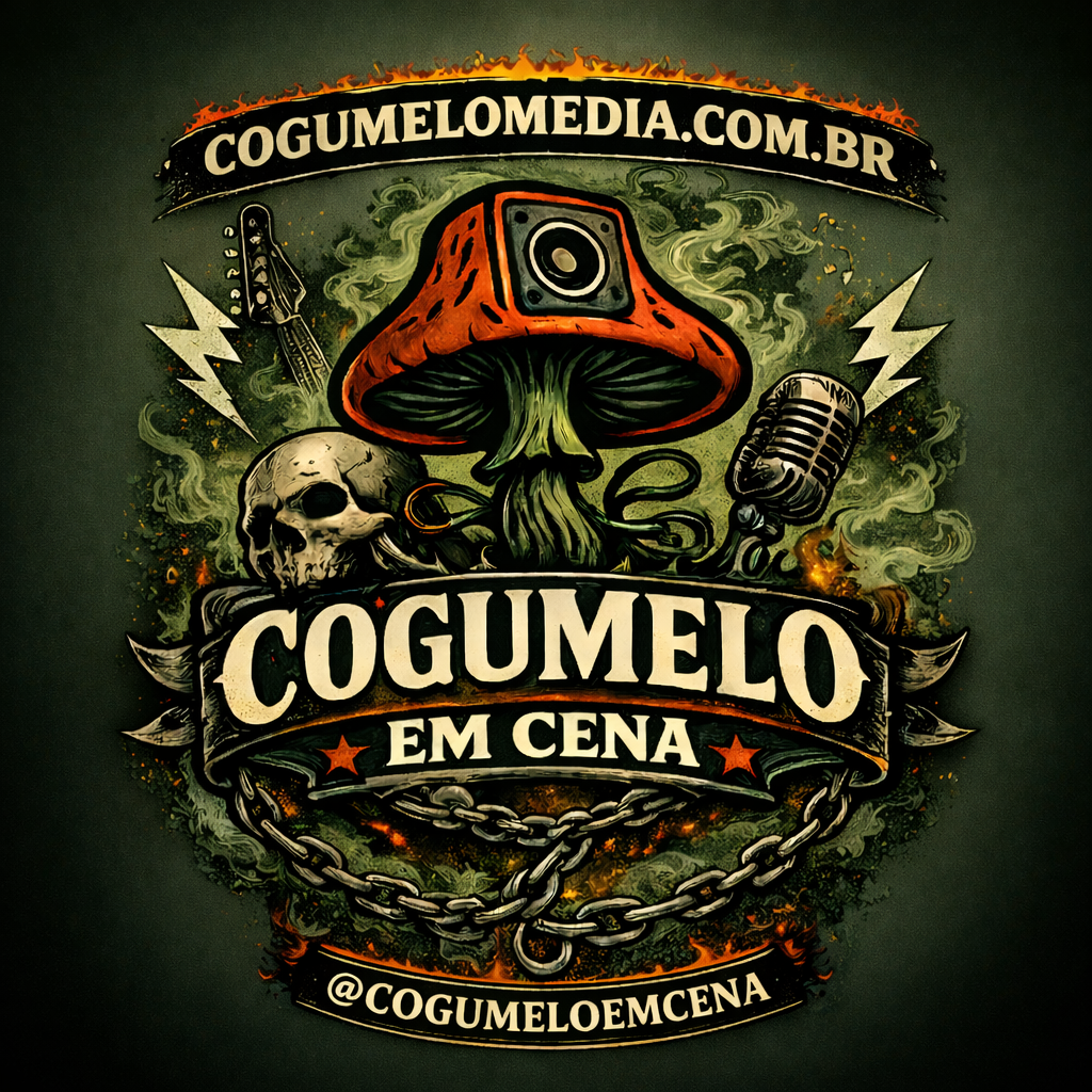 Logotipo do programa 'Cogumelo em Cena', apresentando um cogumelo estilizado com um microfone e elementos de rock, como uma guitarra e um crânio, em um fundo escuro.