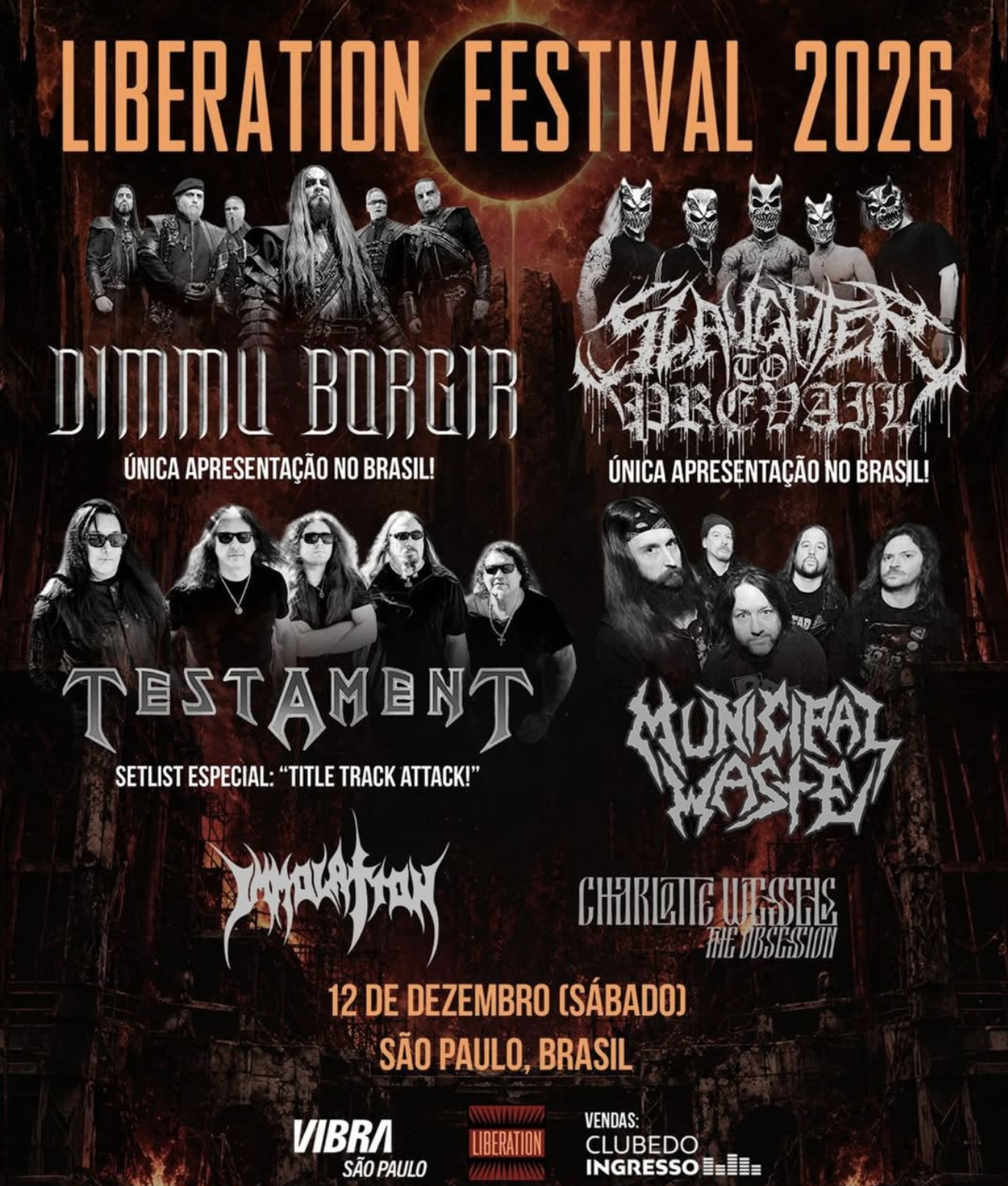 Liberation Festival 2026 lineup completo com Dimmu Borgir Slaughter To Prevail Testament Municipal Waste Immolation e Charlotte Wessels